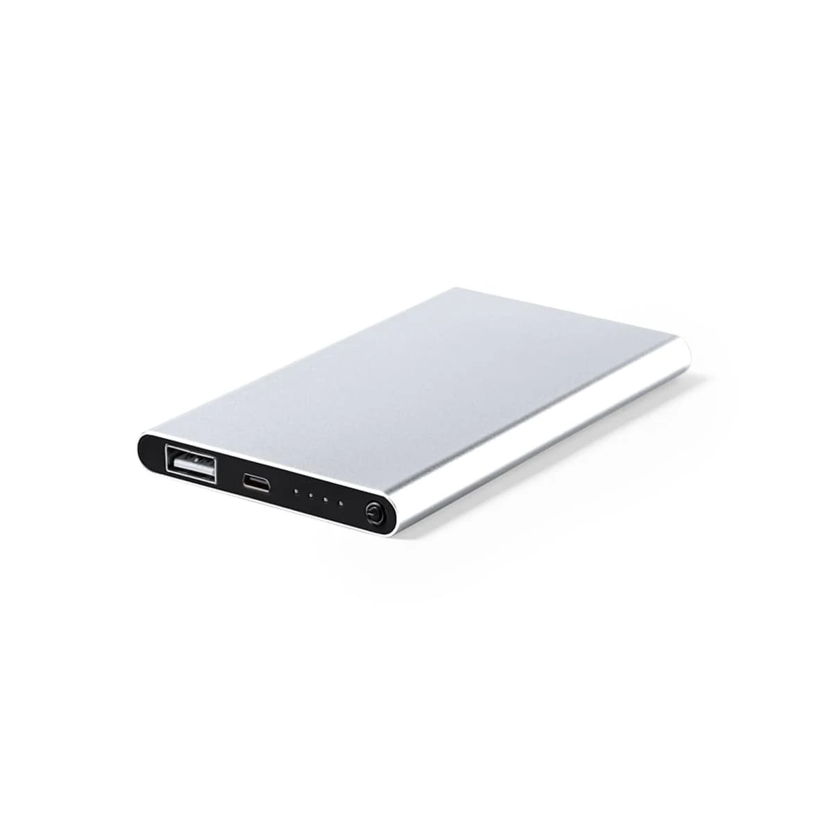 Slim silver portable power bank with USB and micro-USB ports, shown on a white background.
