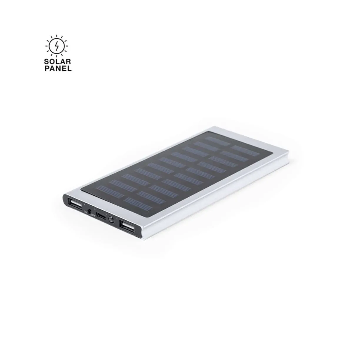 Slim rectangular solar power bank with USB ports on a white background.