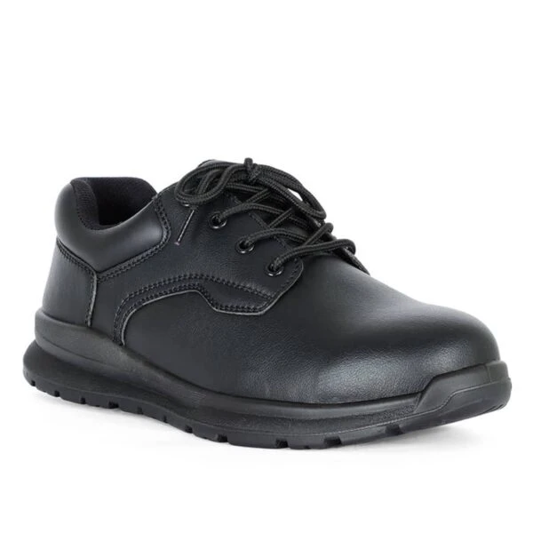 Black lace-up work shoe with a padded collar and thick rubber sole, angled to the right.