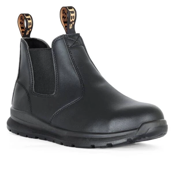Black slip-on leather work boot with elastic sides and pull tabs, displayed on a white background.