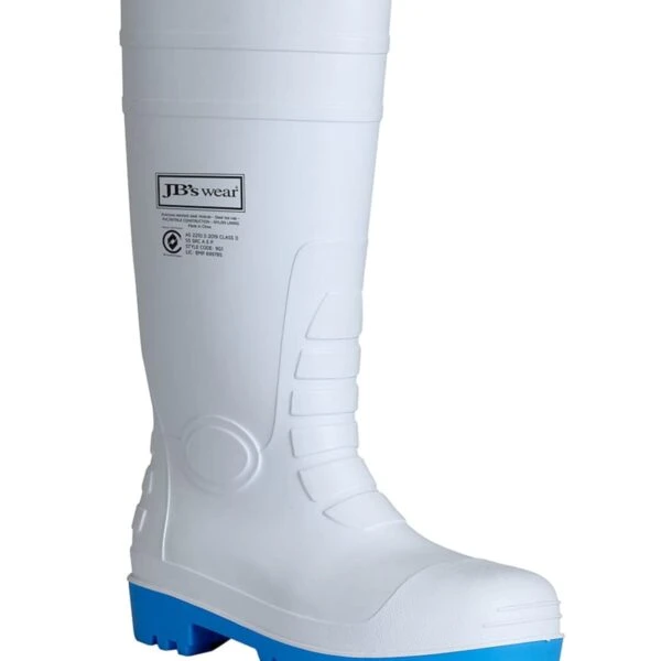 White rubber work boot with blue sole, featuring JBs wear logo on the side.