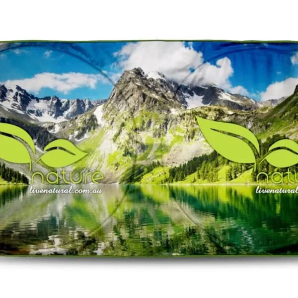 Car sunshade with a mountain lake scene and green leaf logos with nature text.