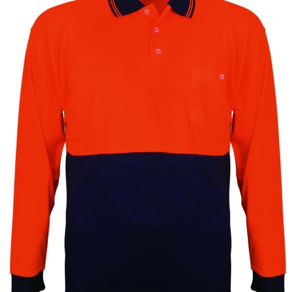 Long-sleeve polo shirt, orange top half with black bottom half and black collar and cuffs.