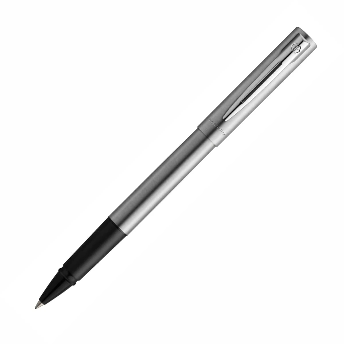Silver and black metal pen with a clip, shown on a white background.