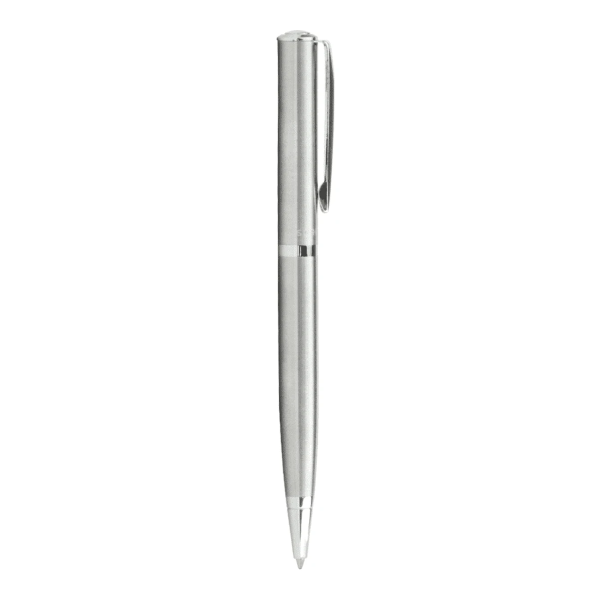 Silver metal ballpoint pen with a clip, shown upright against a white background.