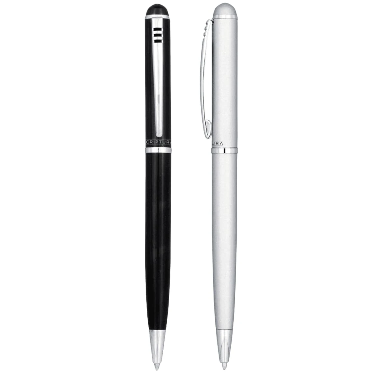 Two ballpoint pens, one black and one silver, standing upright side by side.