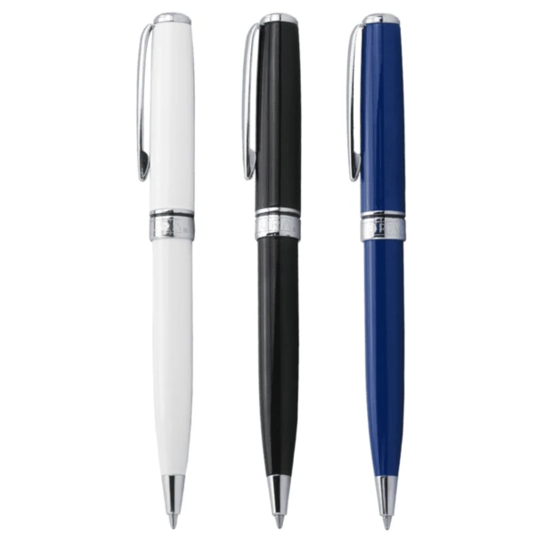 Three ballpoint pens in white, black, and blue with silver clips and accents, upright.