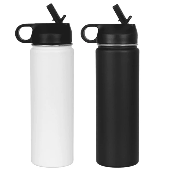 A white and a black water bottle with straw lids, standing side by side.