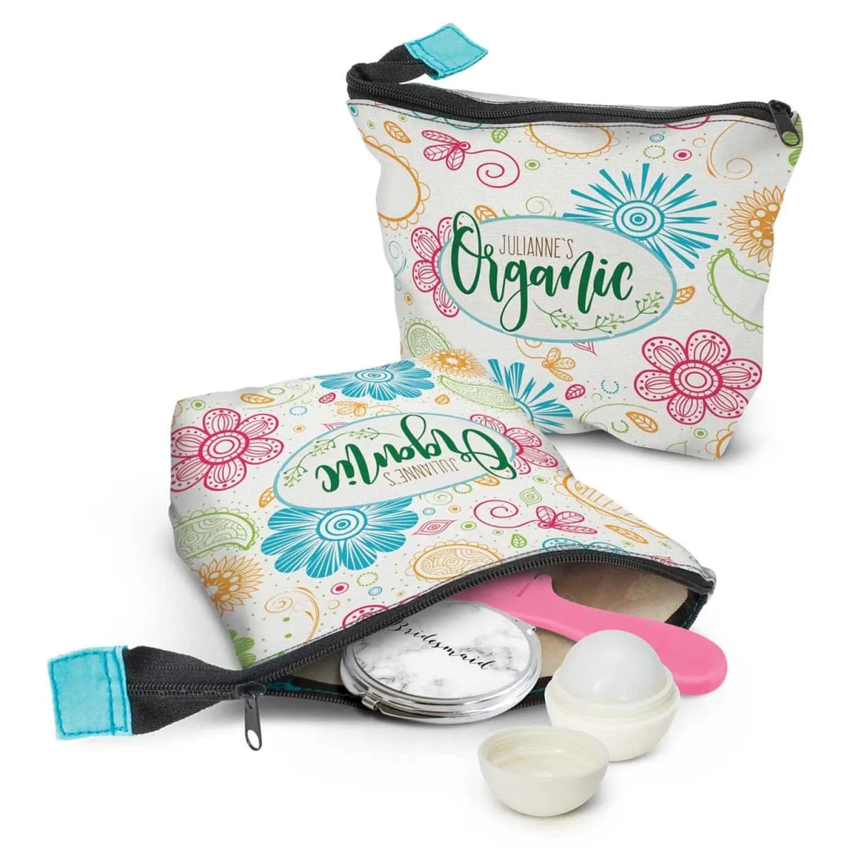 Two floral-patterned pouches, one open displaying skincare items like a compact, a white spherical container, and a pink tool. Both pouches have Juliannes Organic written in green and pink.