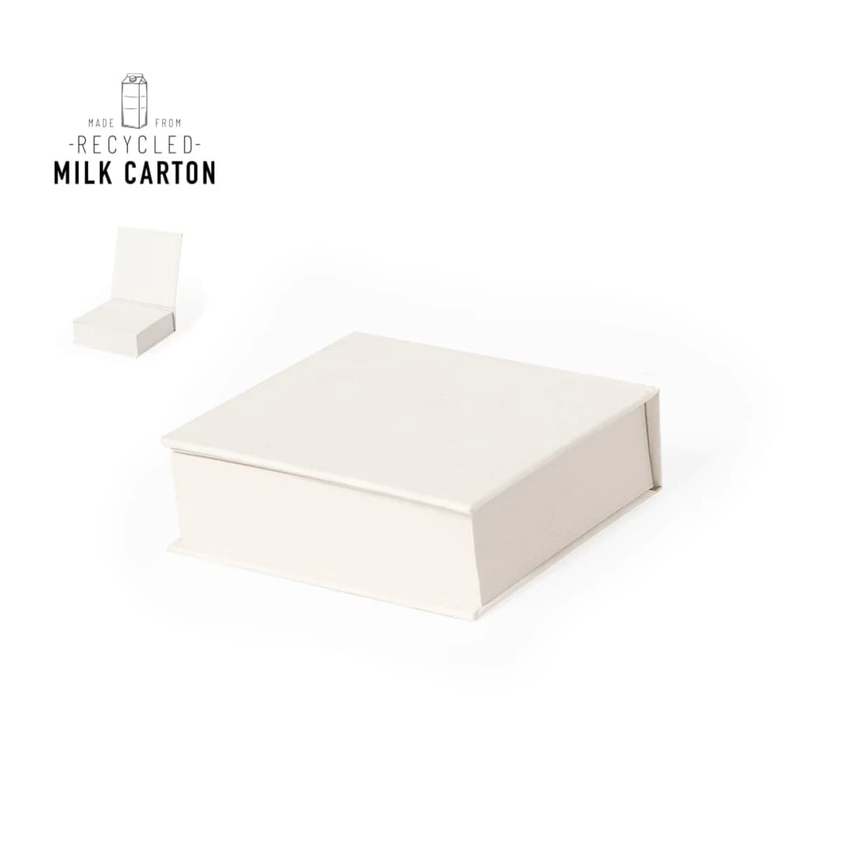 White cardboard box made from recycled milk carton, with a closed lid.