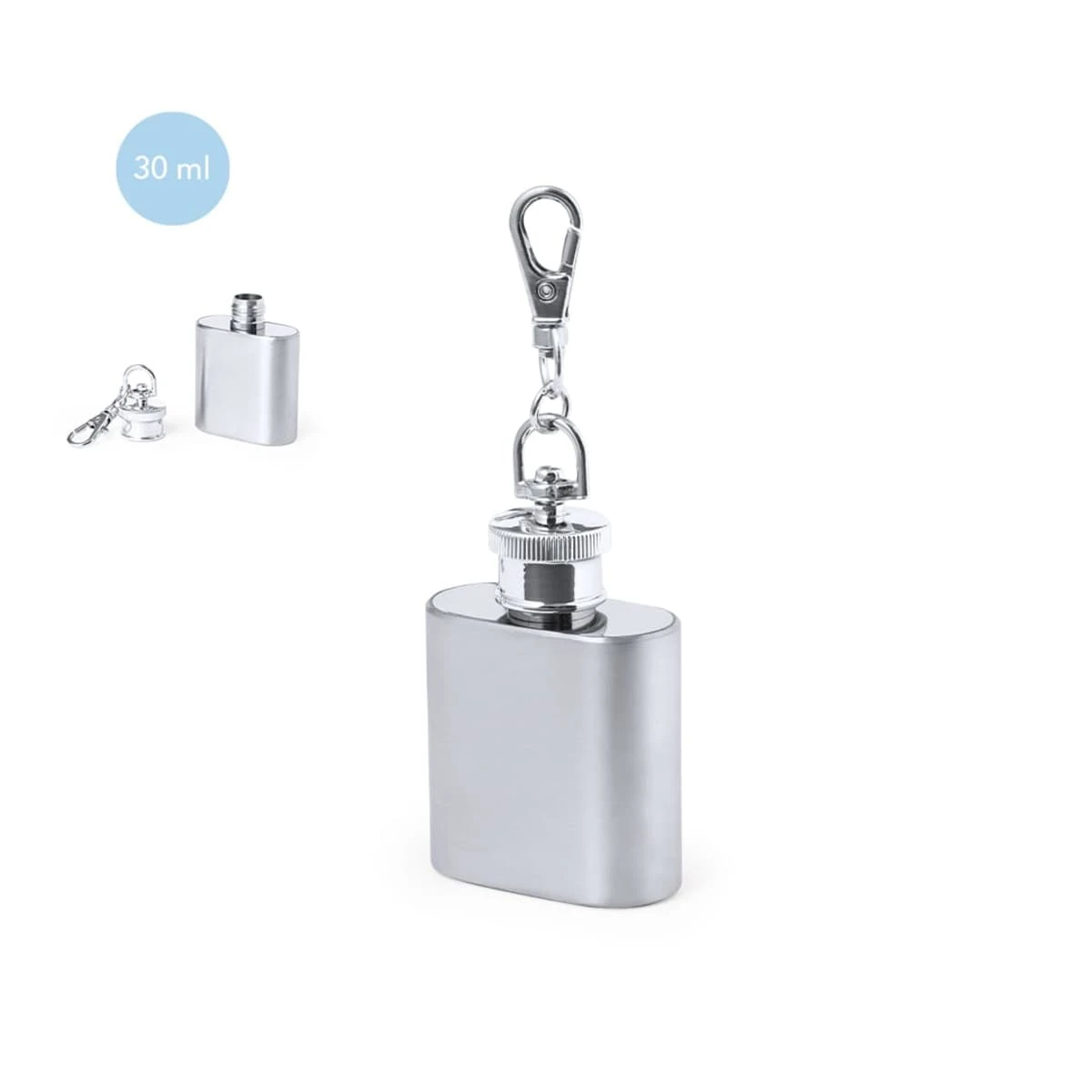 Mini 30 ml silver flask with a keychain clip against a plain white background.