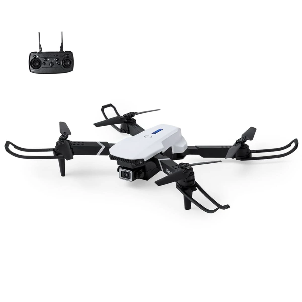 A white drone with a camera and a black remote control.