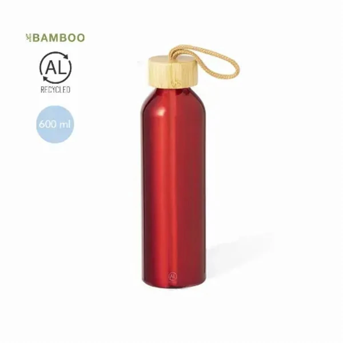 Red metal water bottle with bamboo lid and rope handle, 600 ml capacity.