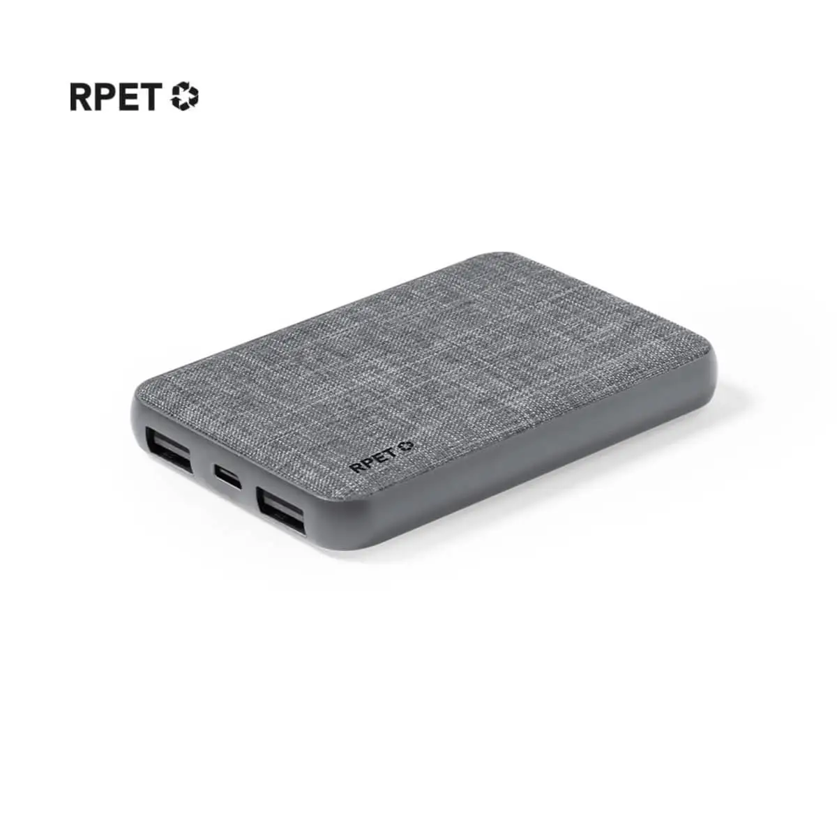 Gray rectangular power bank with a fabric texture and multiple USB ports.
