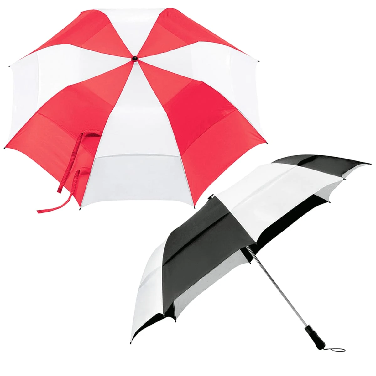 Red and white umbrella above, black and white umbrella below, on a white background.
