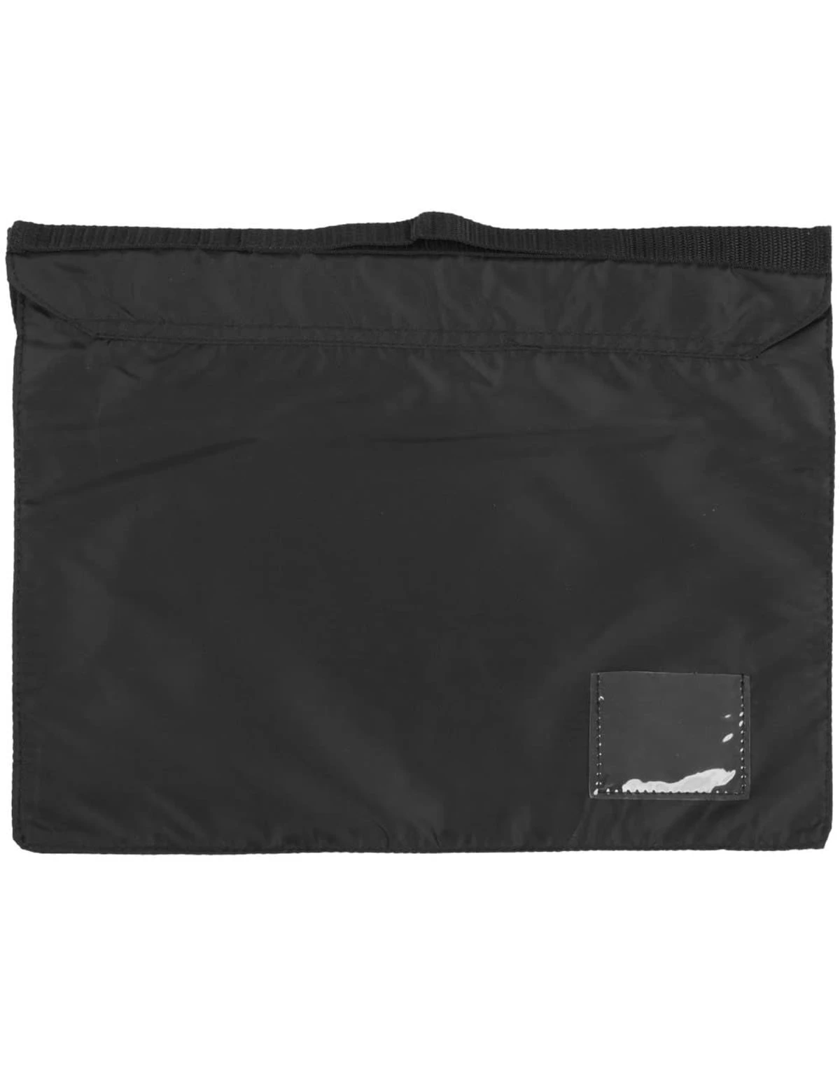 Black rectangular fabric pouch with a transparent pocket at the bottom right corner.