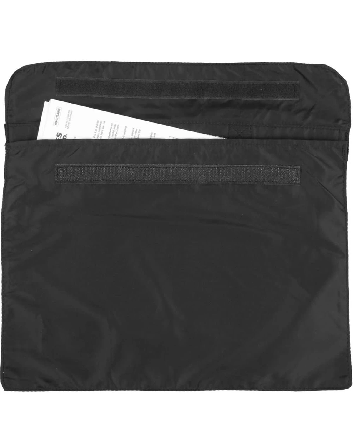 Black document pouch with papers partially inserted into its top opening.