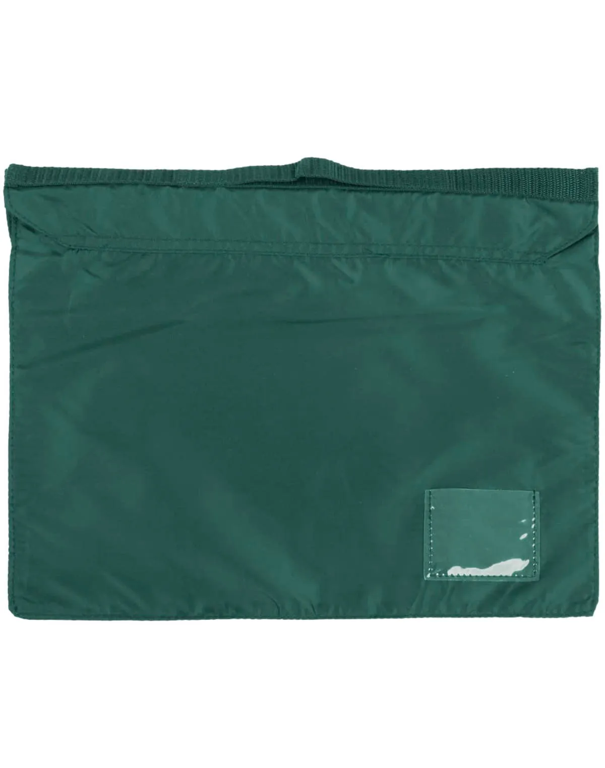 Green, rectangular fabric pouch with a small clear pocket on the lower right corner.