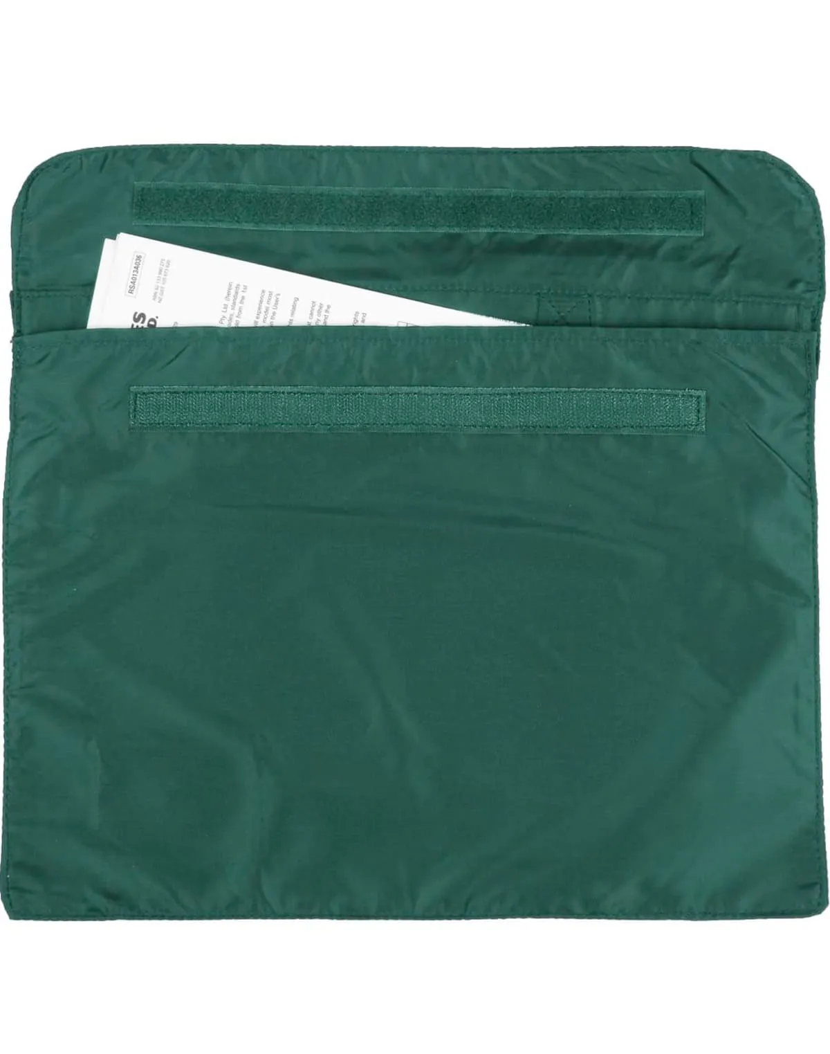 Green fabric pouch with documents partially visible in the top opening.