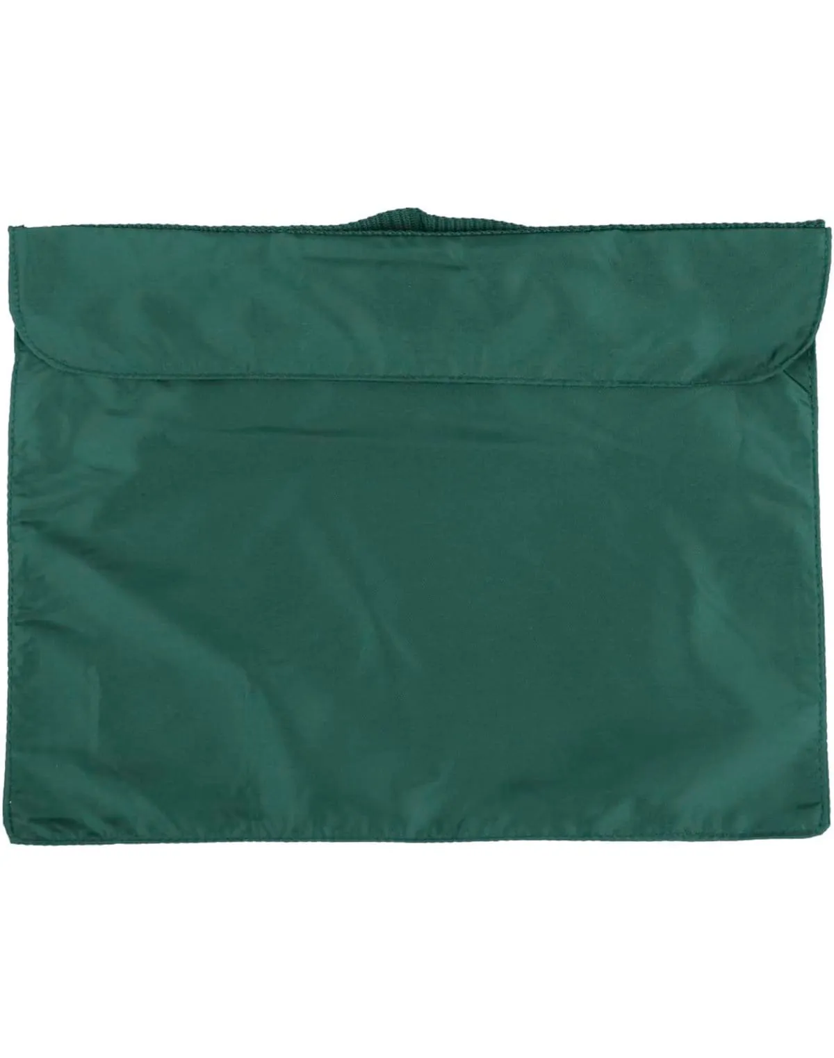 Green fabric pouch with a flap and handle on top.