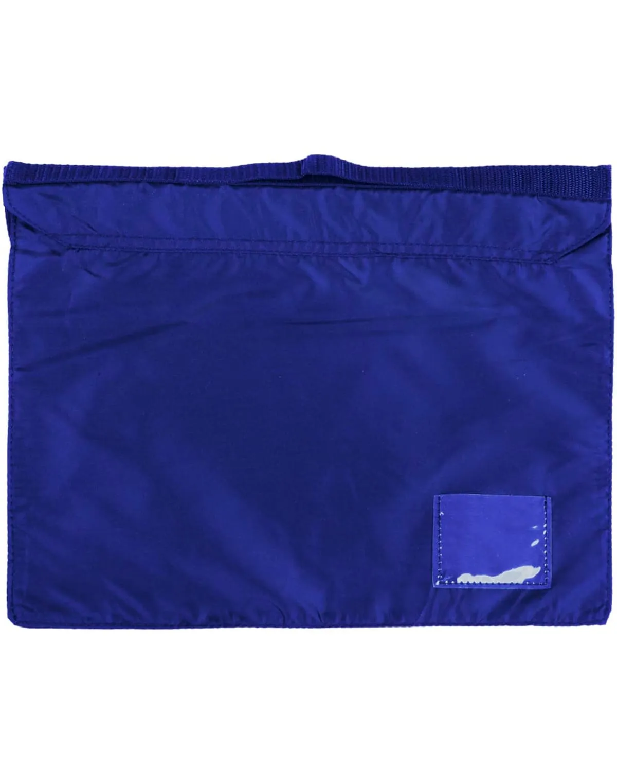 Blue padded envelope with a small transparent pocket on the lower right corner.