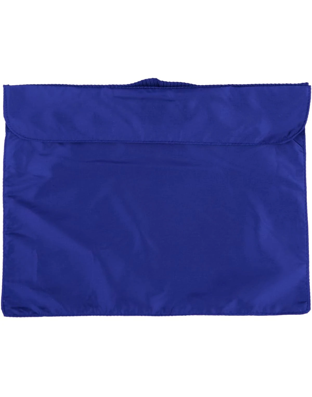 Blue fabric pouch with a flap and a handle on top.