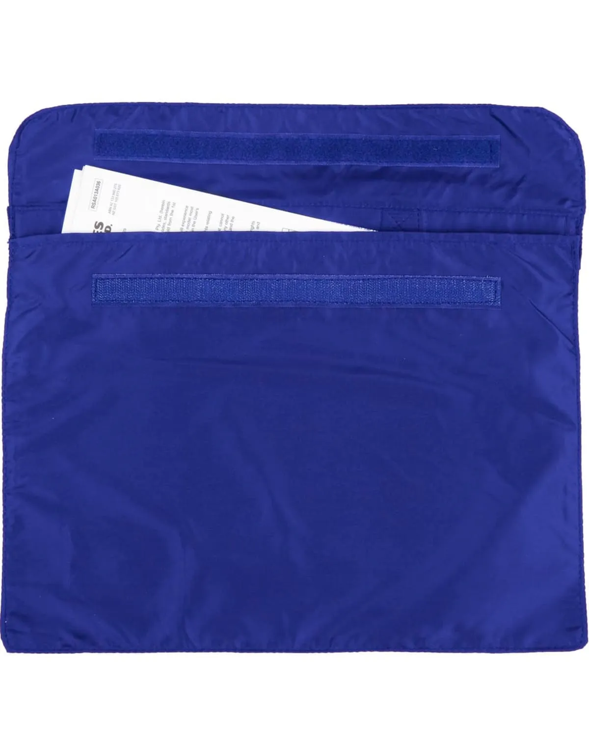Blue fabric envelope with velcro closure and papers partially visible inside.