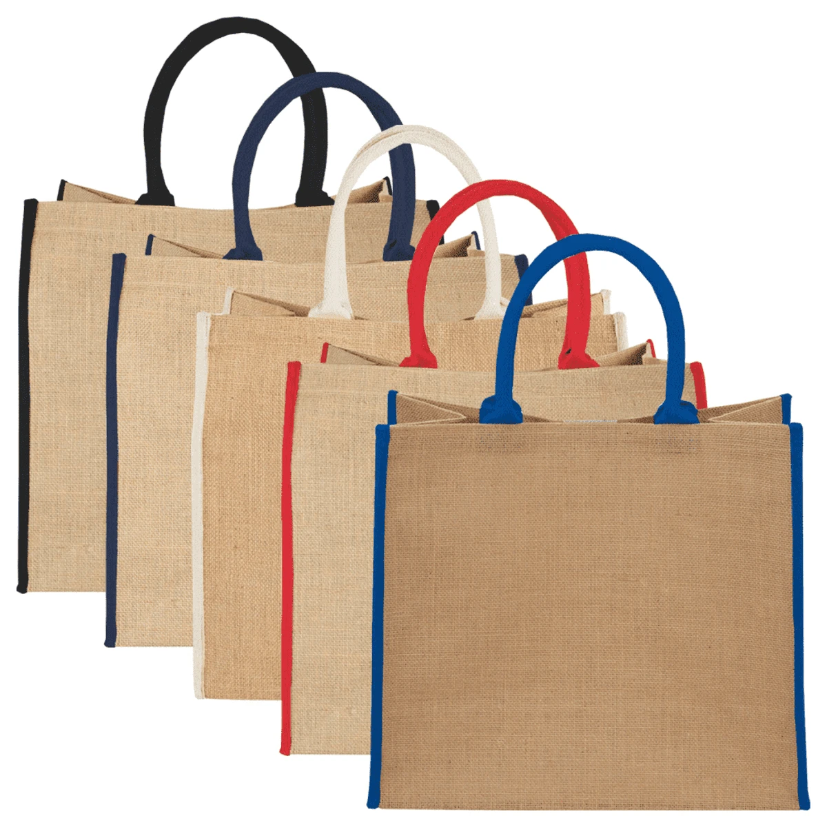 Five jute bags in a row, each with different colored handles: black, navy, white, red, and blue.