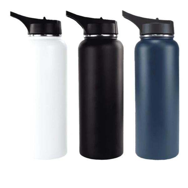 Three reusable water bottles in white, black, and dark blue with black flip-top lids.