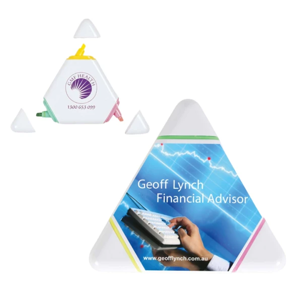 The Triangle Customised Highlighters feature a financial advisors details. Opening the main highlighter reveals three vibrant colors with visuals of a graph, a hand on a keyboard, and Geoff Lynchs name plus his website link for easy reference.