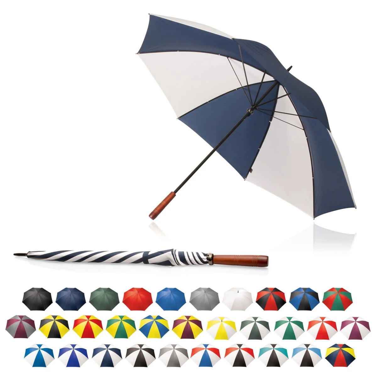 A large, open blue and white umbrella with a wooden handle, shown above a collection of 24 smaller, closed umbrellas in various colors including red, yellow, green, and black.