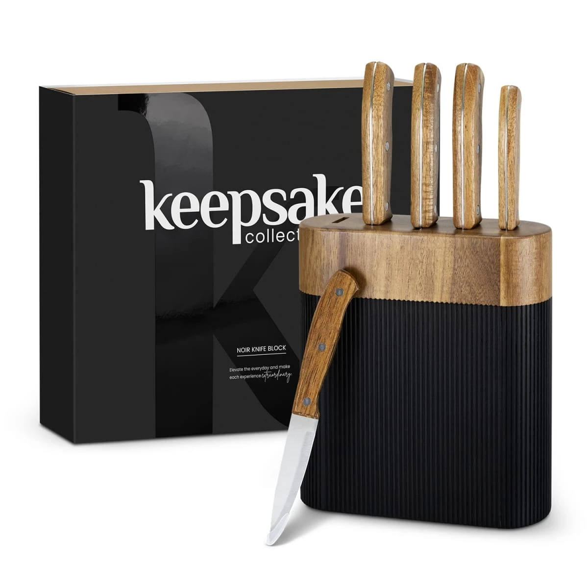 Knife block set with wooden handles and black ribbed base, packaging box behind.