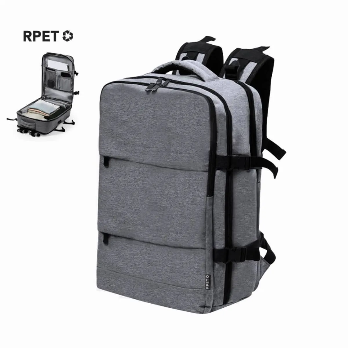 Gray multifunctional travel backpack with compartments and RPET logo.