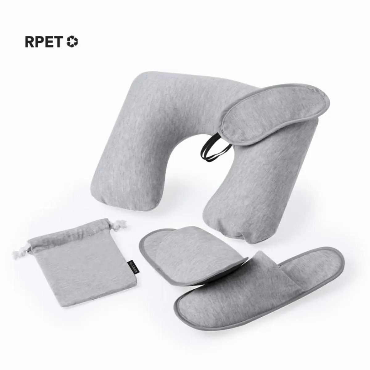 Gray travel set with neck pillow, eye mask, slippers, and drawstring pouch.