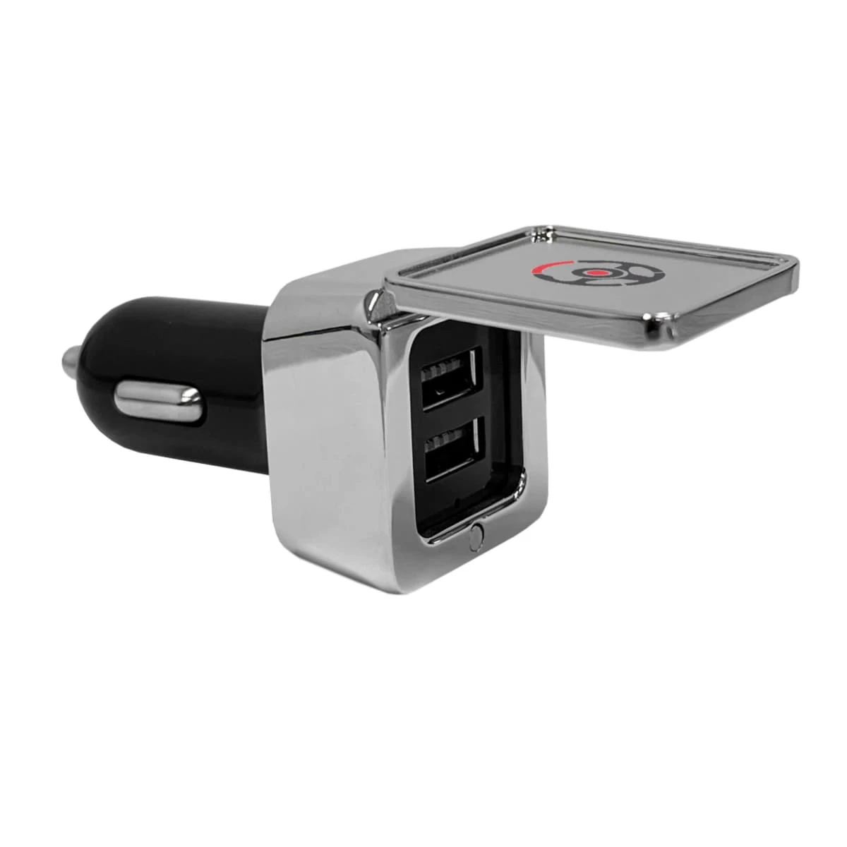 Car USB charger with dual ports and a square casing, featuring a flip-open top.