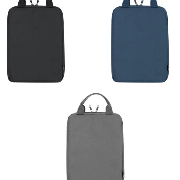 Three laptop sleeves in black, blue, and gray, each with handles and zippers, on a white background.
