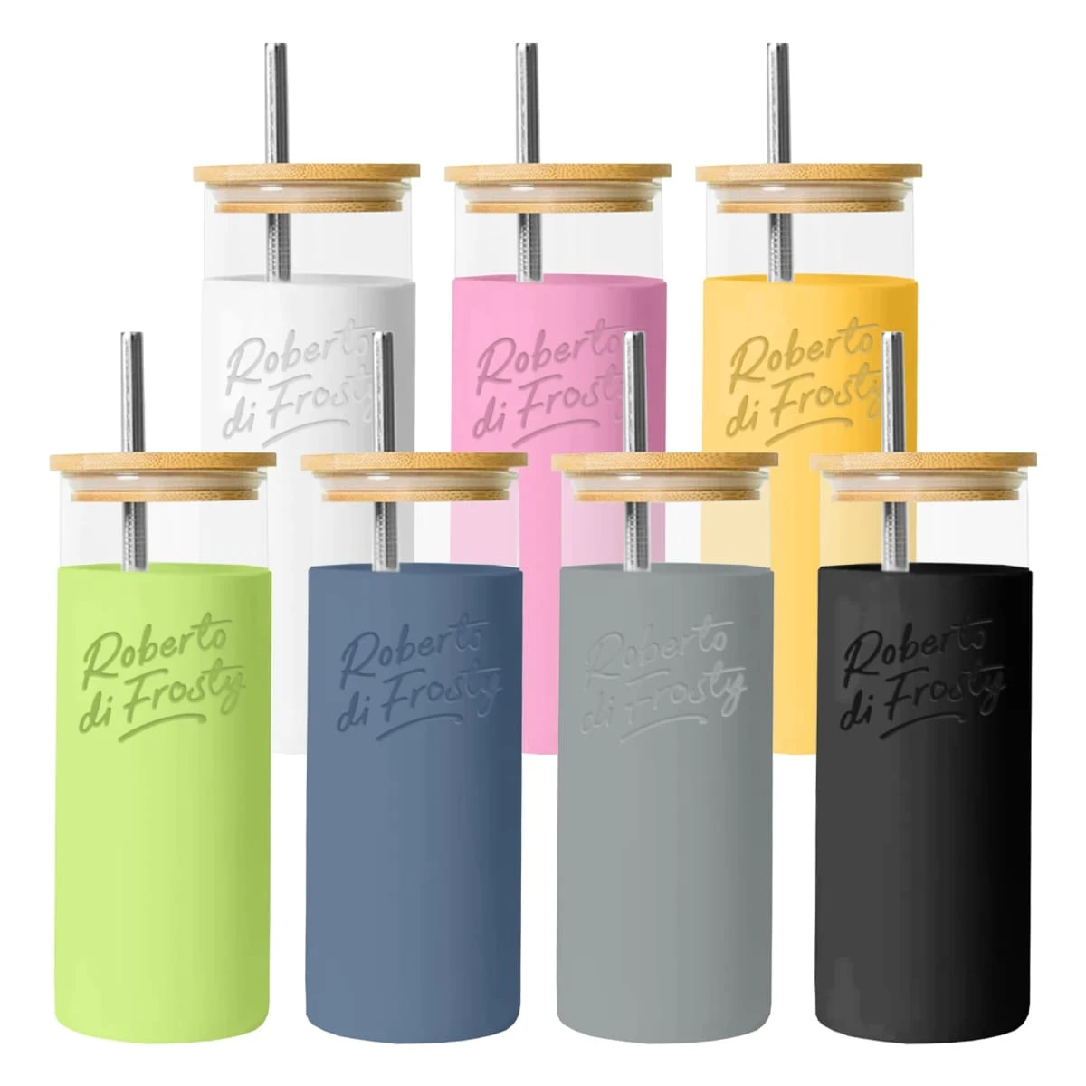 Colorful reusable tumblers with bamboo lids and straws, featuring Roberto di Frosty text.