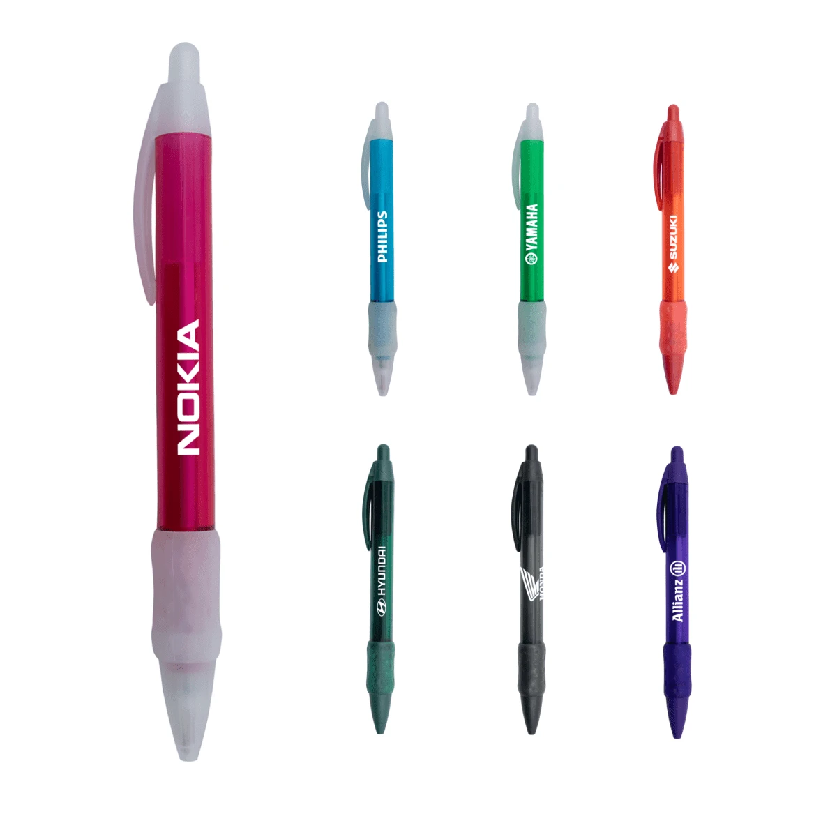 Seven colorful branded pens displayed on a white background.
