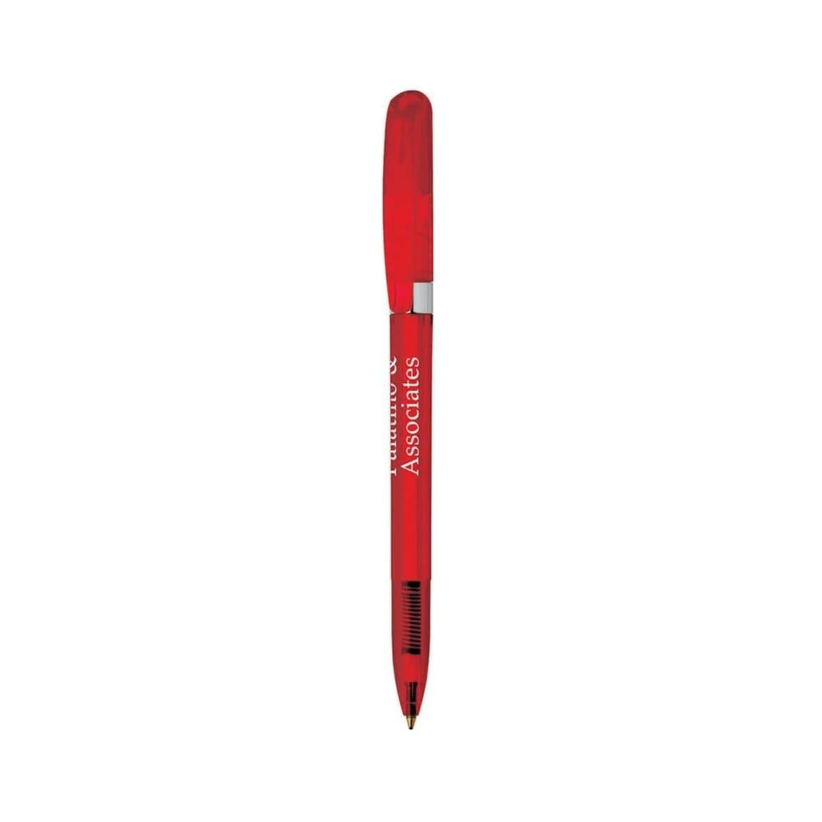 Red pen with a cap and Associates written on the barrel, shown upright on white background.