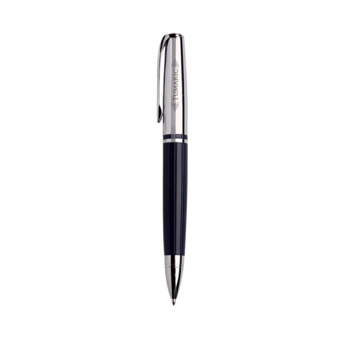 Silver and black ballpoint pen with clip, angled upwards.