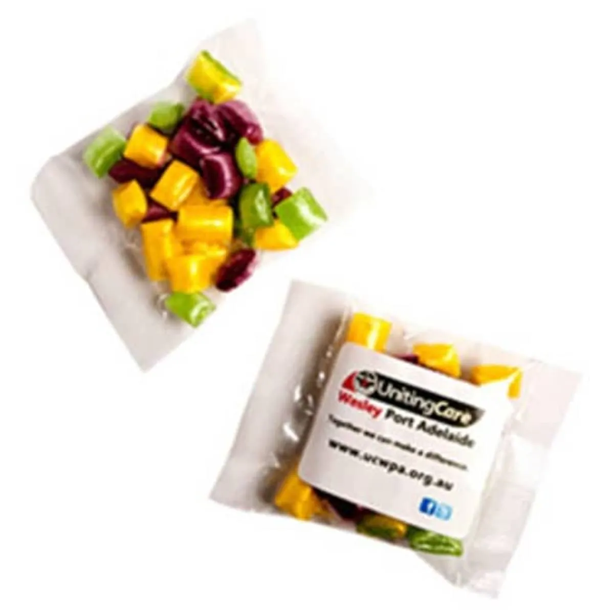 Two clear bags with colorful hard candies, one labeled UnitingCare Wesley Port Adelaide.