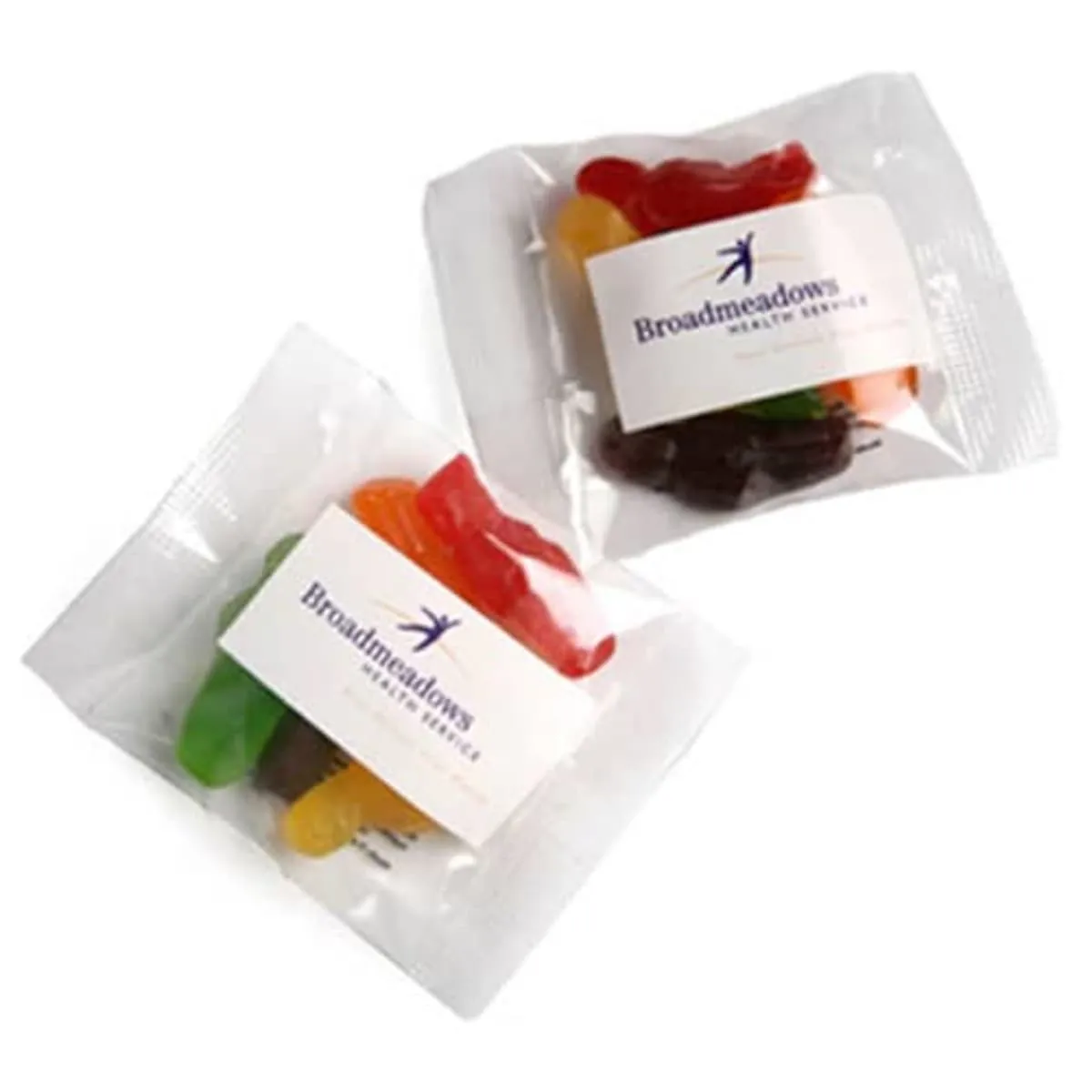 Two packets of gummy candies with Broadmeadows labels, in clear plastic packaging.