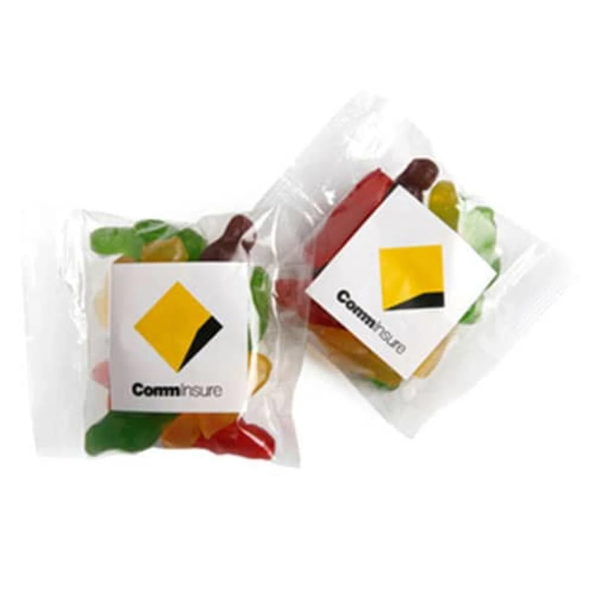 Two packets of gummy bears with CommInsure logos on the packaging.