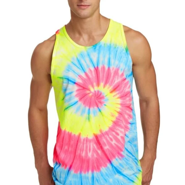 Person wearing a colorful tie-dye tank top and jeans, posing against a white background.
