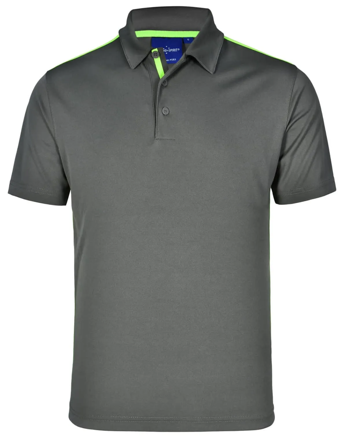 Gray polo shirt with neon green accents on the collar and shoulders.