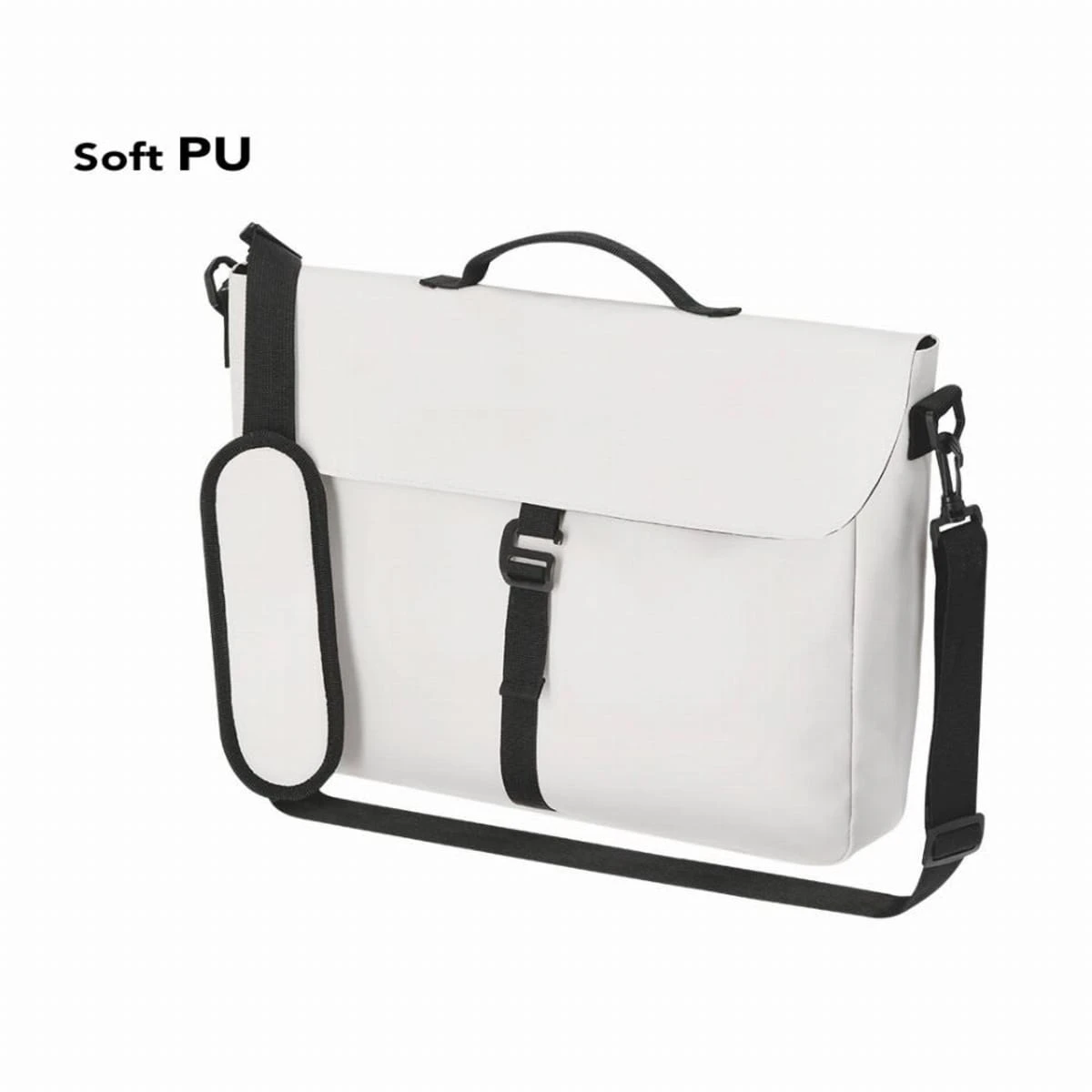 White briefcase-style bag with black strap and handle, labeled Soft PU in the corner.