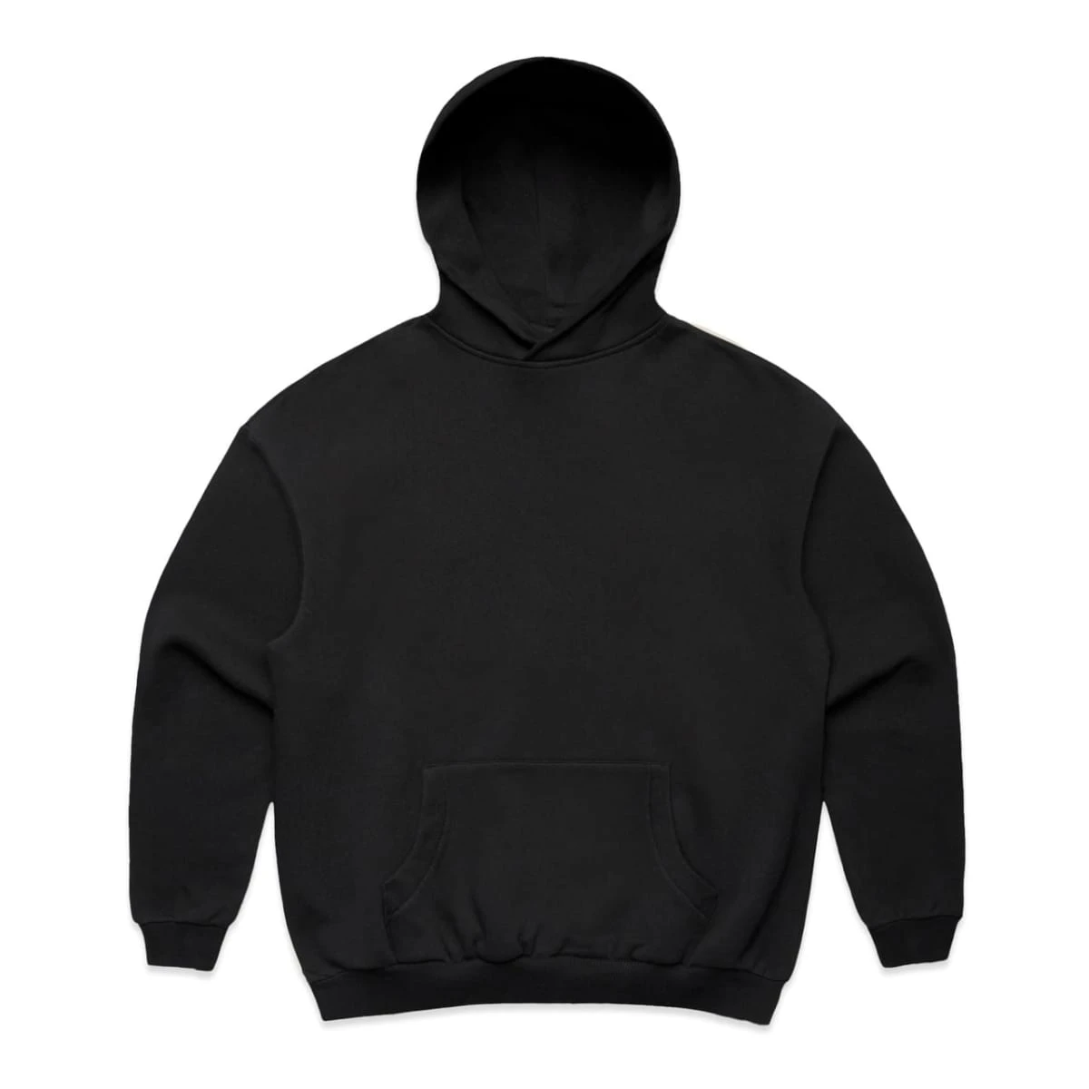Plain black hooded sweatshirt with a front pocket, laid flat on a white background.