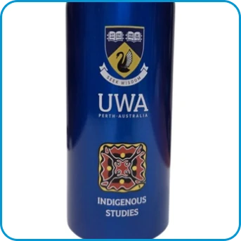 Blue UWA water bottle with Indigenous Studies design and university crest.