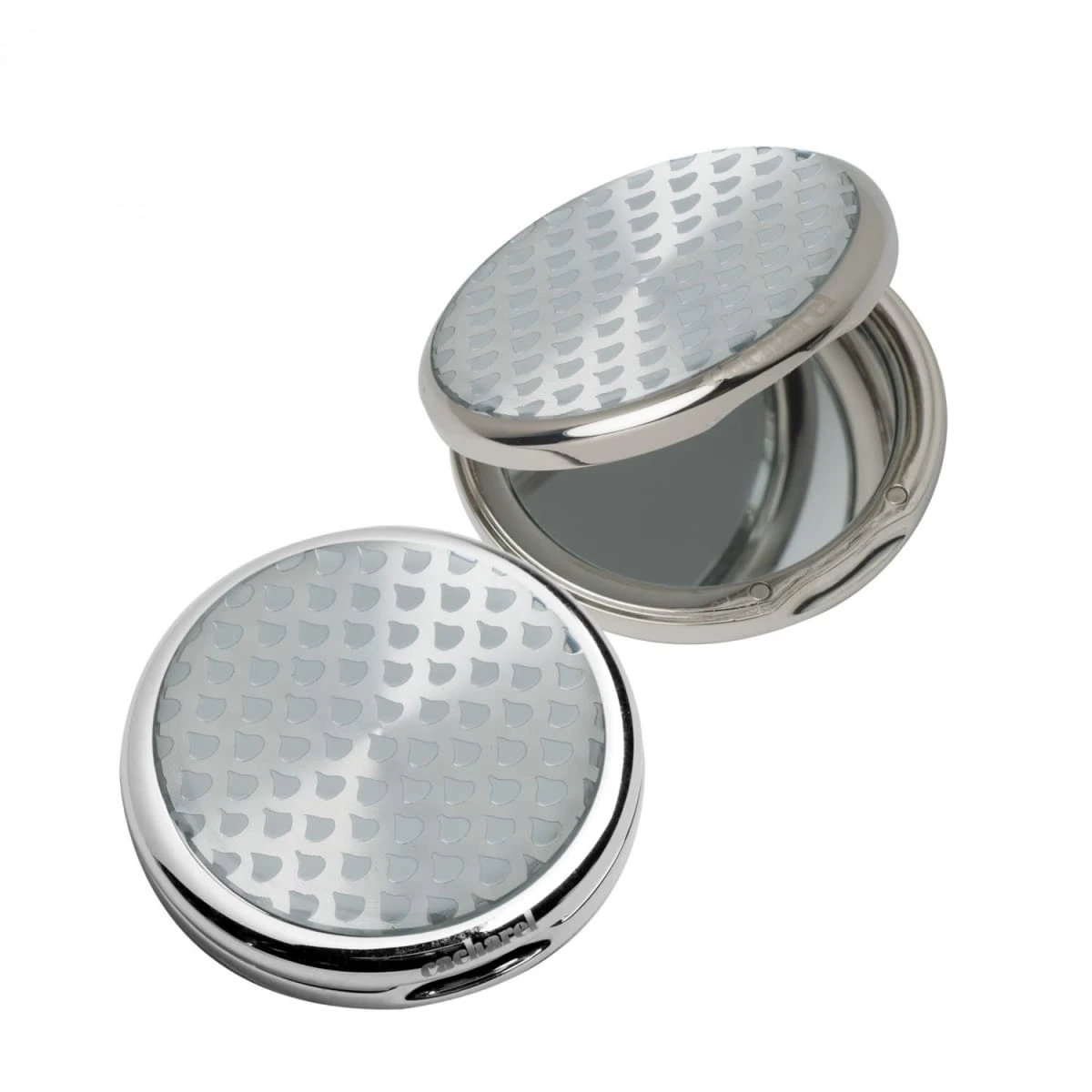 Two round silver compact mirrors, one closed and one open, showing its reflective surface.