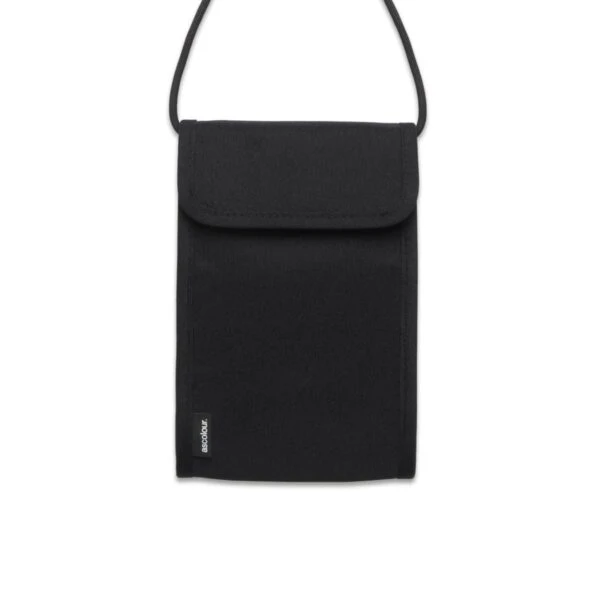 A black fabric pouch with a flap closure and a thin strap.